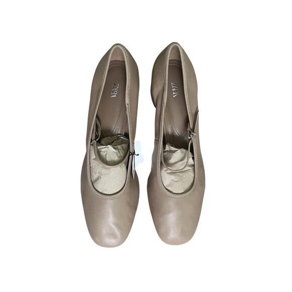 Zara Leather Beige Brown Pumps Mary Jane Style Size 10 Block Heel, Buckled Strap - Picture 4 of 9